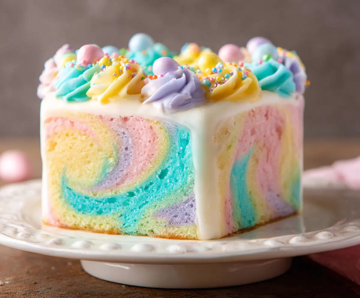 Colorful swirled Easter cake with frosting and festive decorations