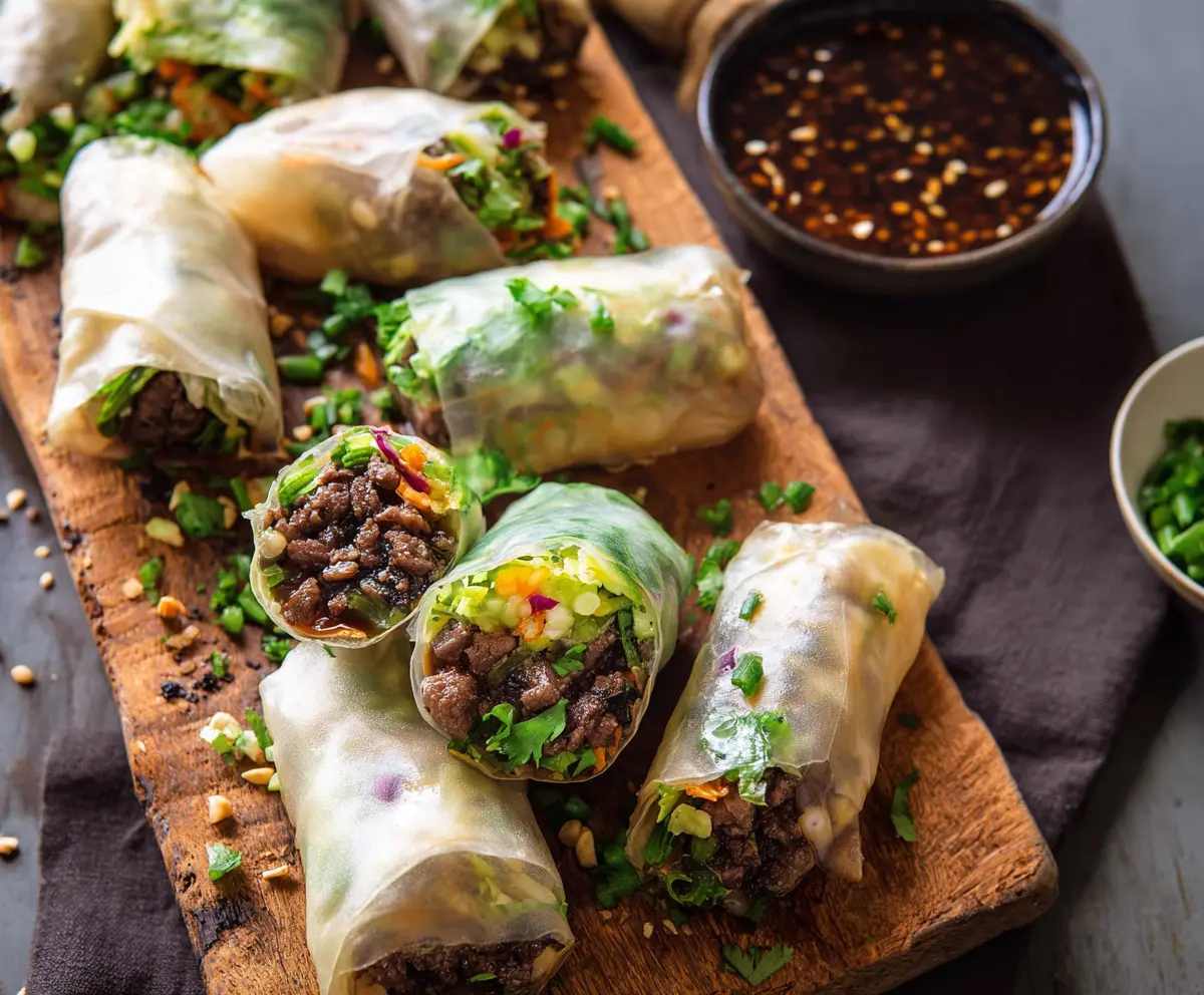 Fresh Thai Beef Spring Rolls filled with herbs and vegetables, served with dipping sauce