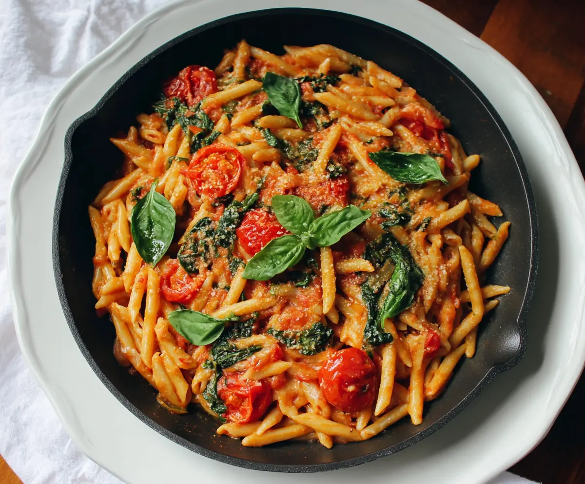 Delicious Tomato Spinach Pasta served on a plate with fresh basil