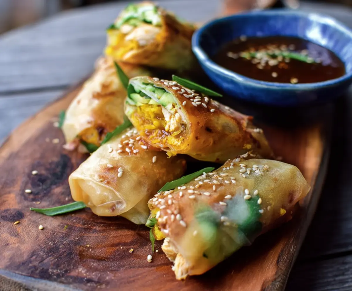 Fresh turmeric sesame chicken spring rolls with vibrant vegetables and herbs