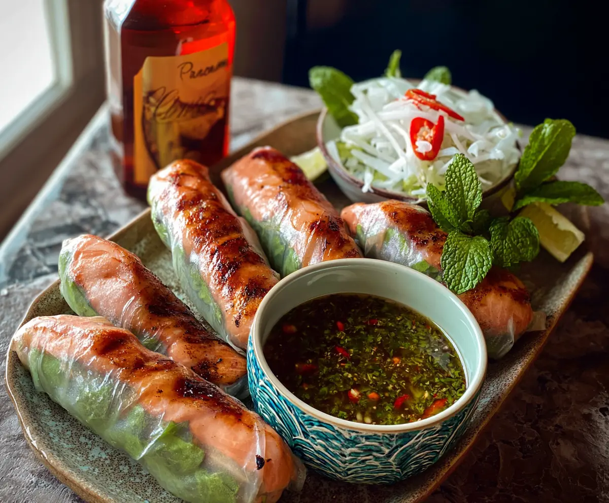 Vietnamese baked salmon spring rolls with fresh vegetables and herbs on a white plate