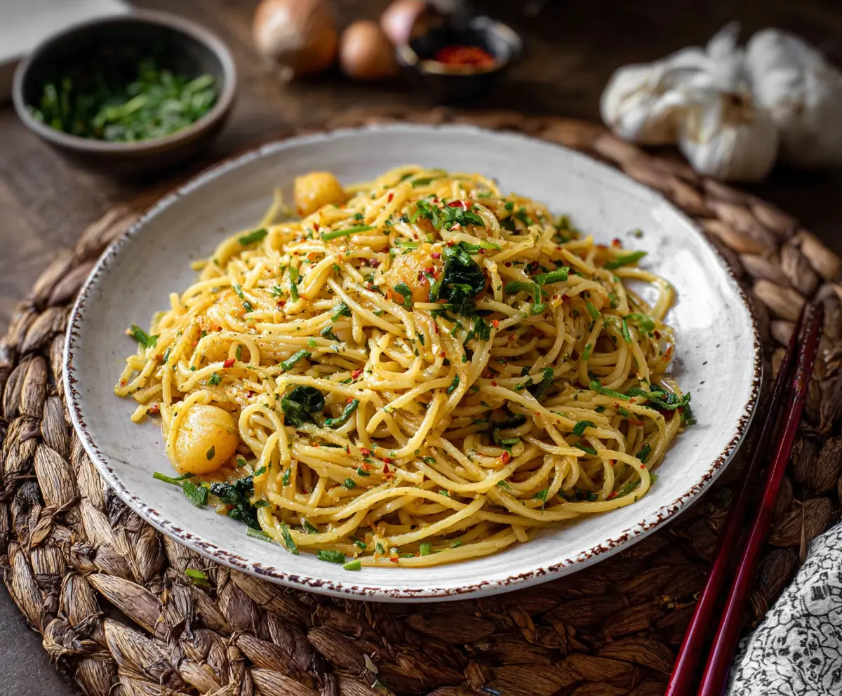 Delicious Vietnamese Garlic Noodles topped with fresh herbs and crispy garlic bits.