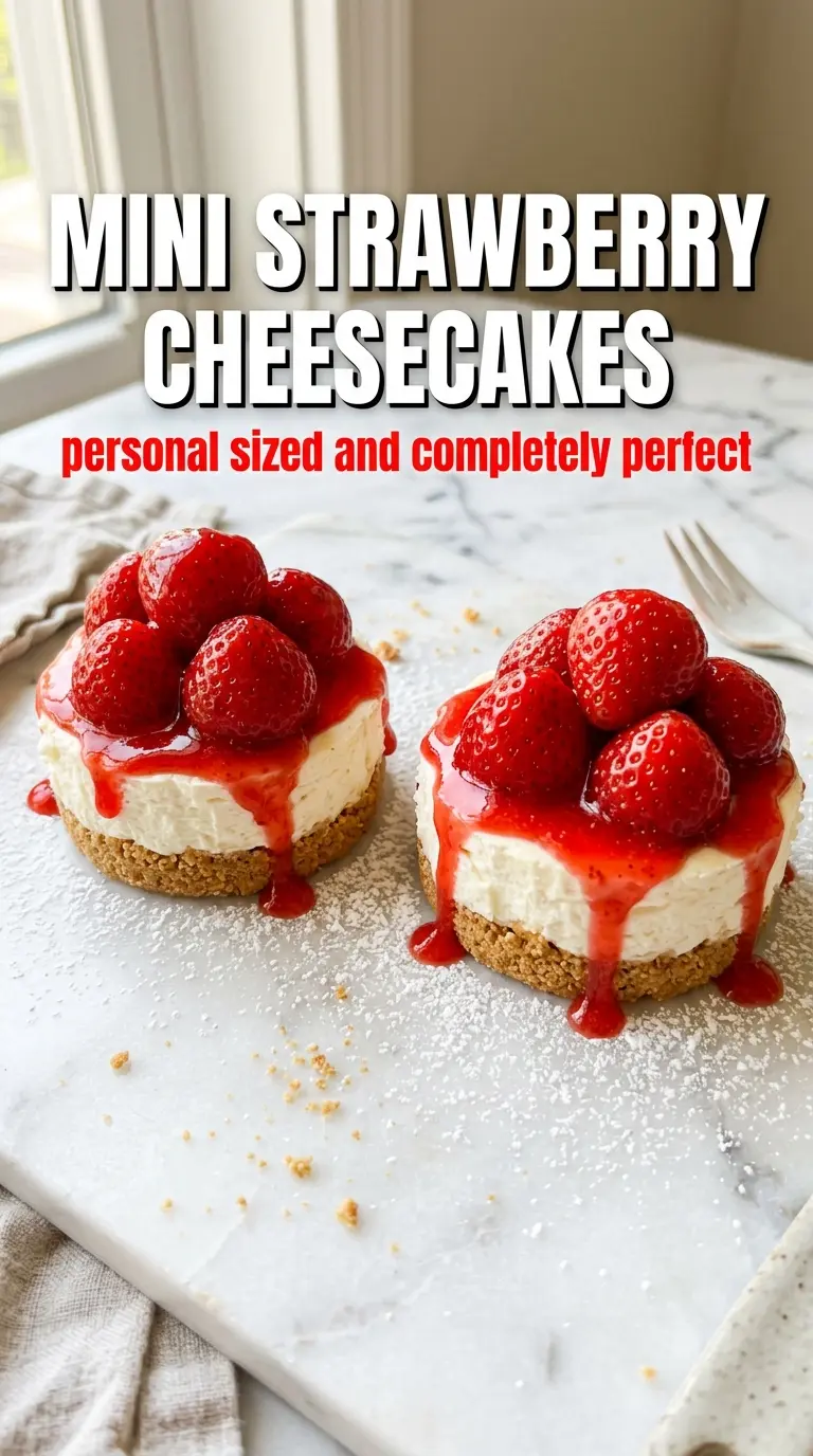 Mini Strawberry Cheesecakes with fresh strawberry topping, creamy filling, individual dessert