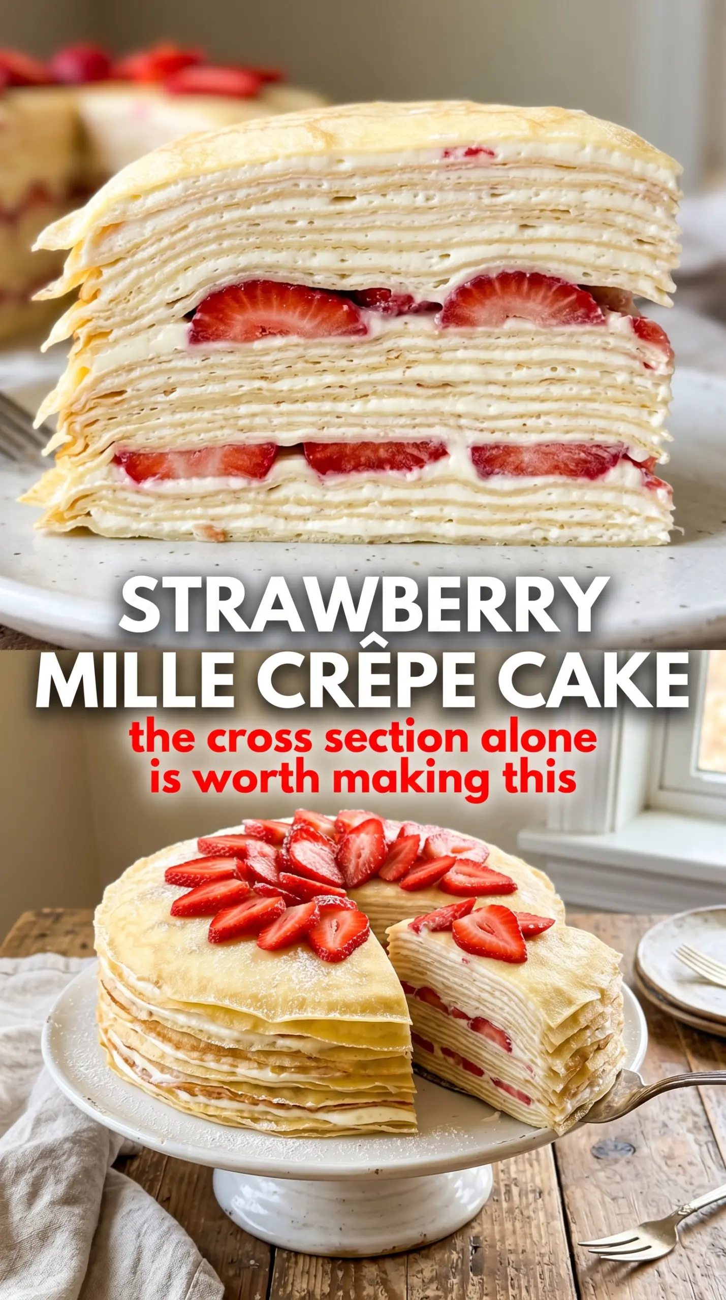 Strawberry Mille Crêpe Cake, delicate layers, fresh berries