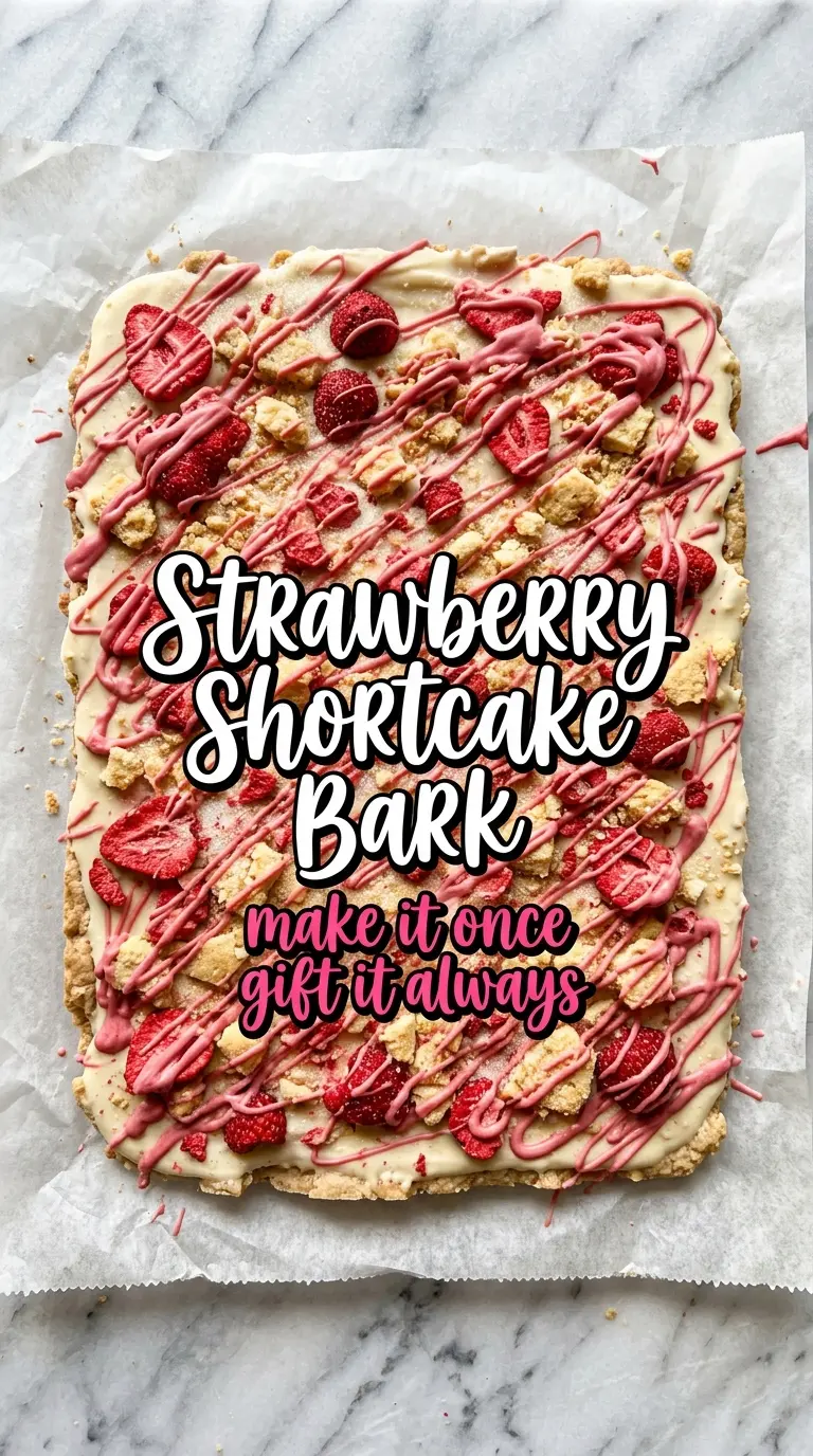 Strawberry Shortcake Bark with chocolate, strawberries, shortcake