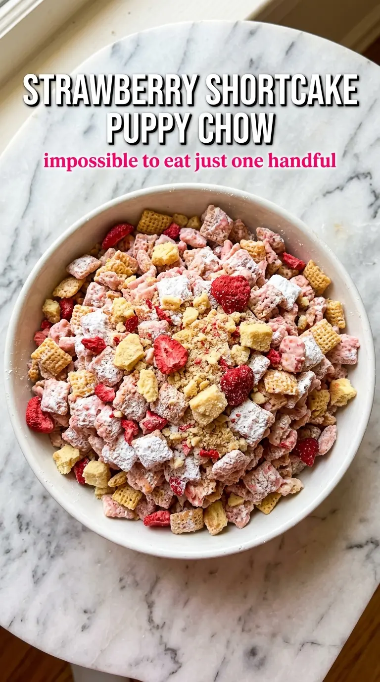Strawberry Shortcake Puppy Chow sweet crunchy snack mix
