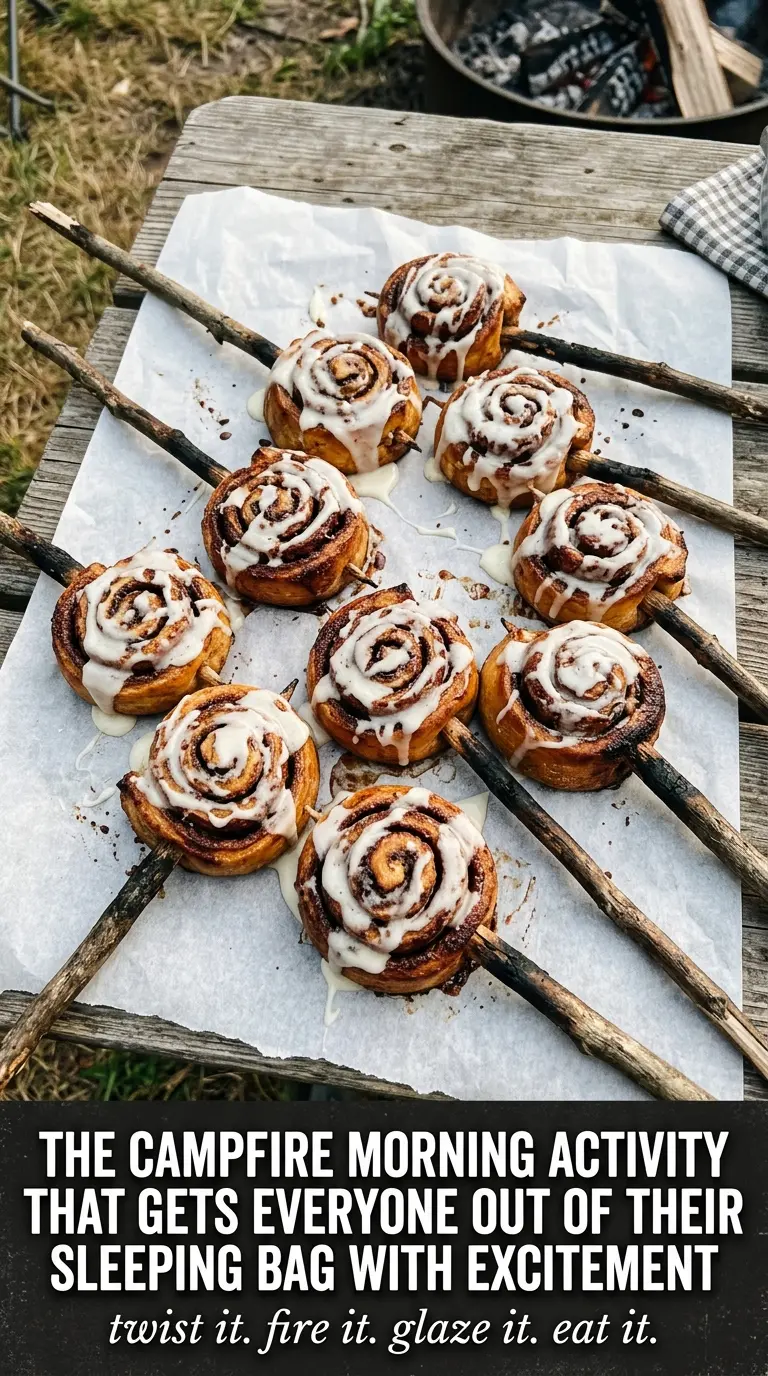 Campfire Cinnamon Rolls on a Stick golden spiral icing