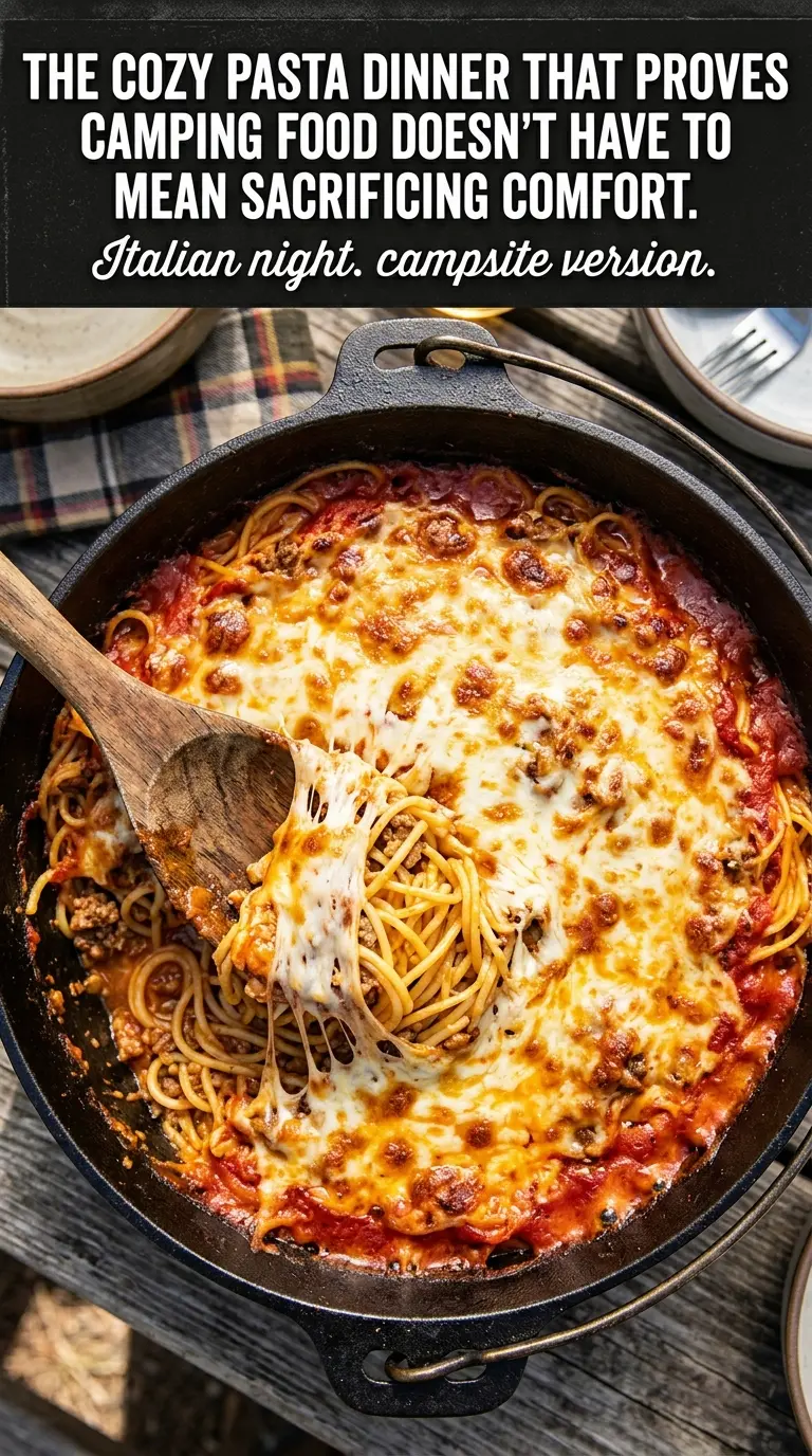 Campfire Spaghetti Bake cheesy, bubbly, Dutch oven