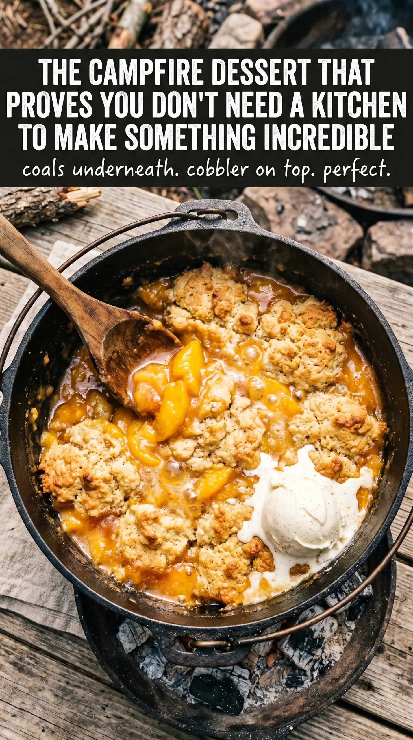 Dutch Oven Peach Cobbler golden bubbling