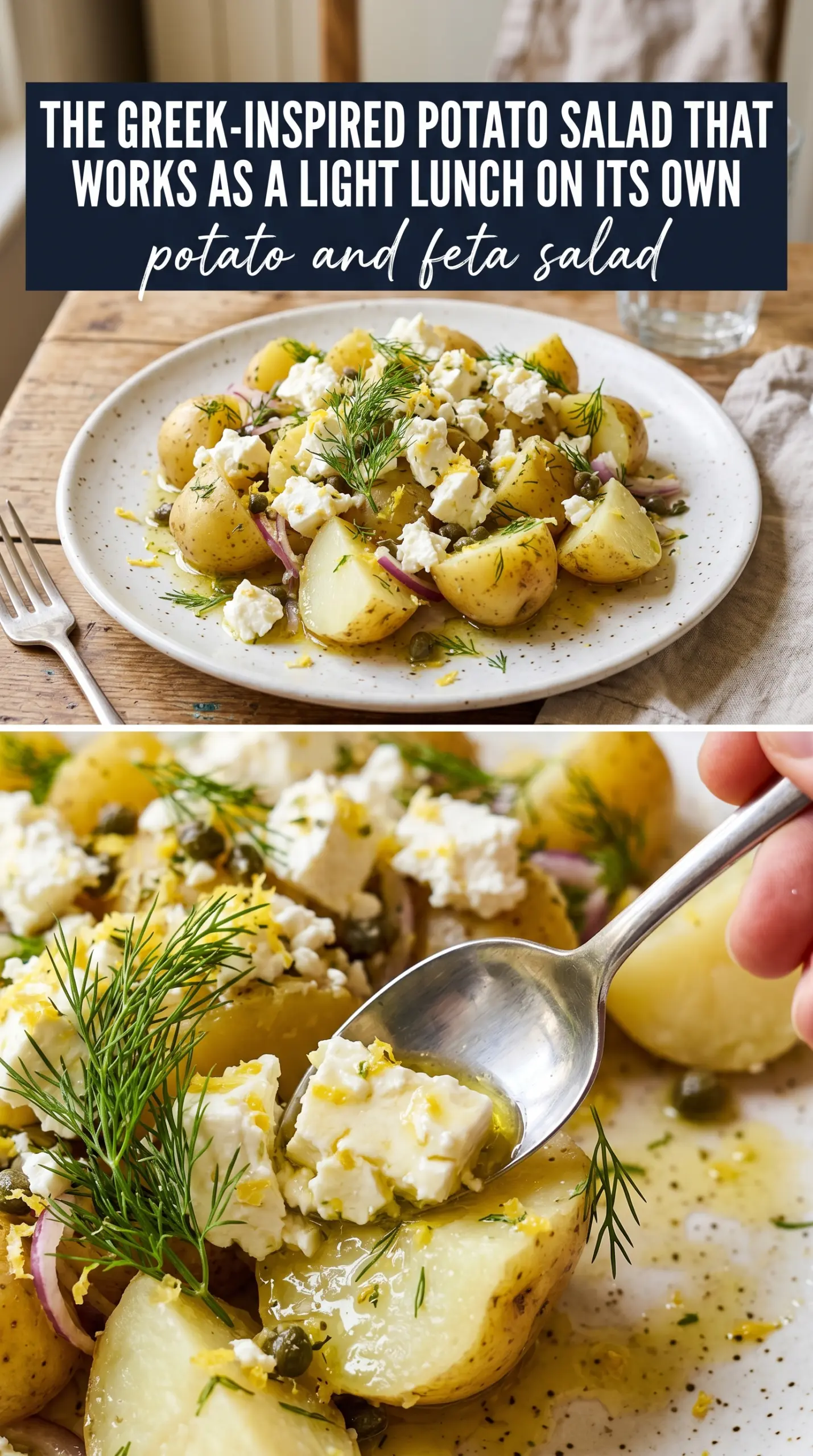Potato and Feta Salad with lemon-herb dressing, olives, and tomatoes