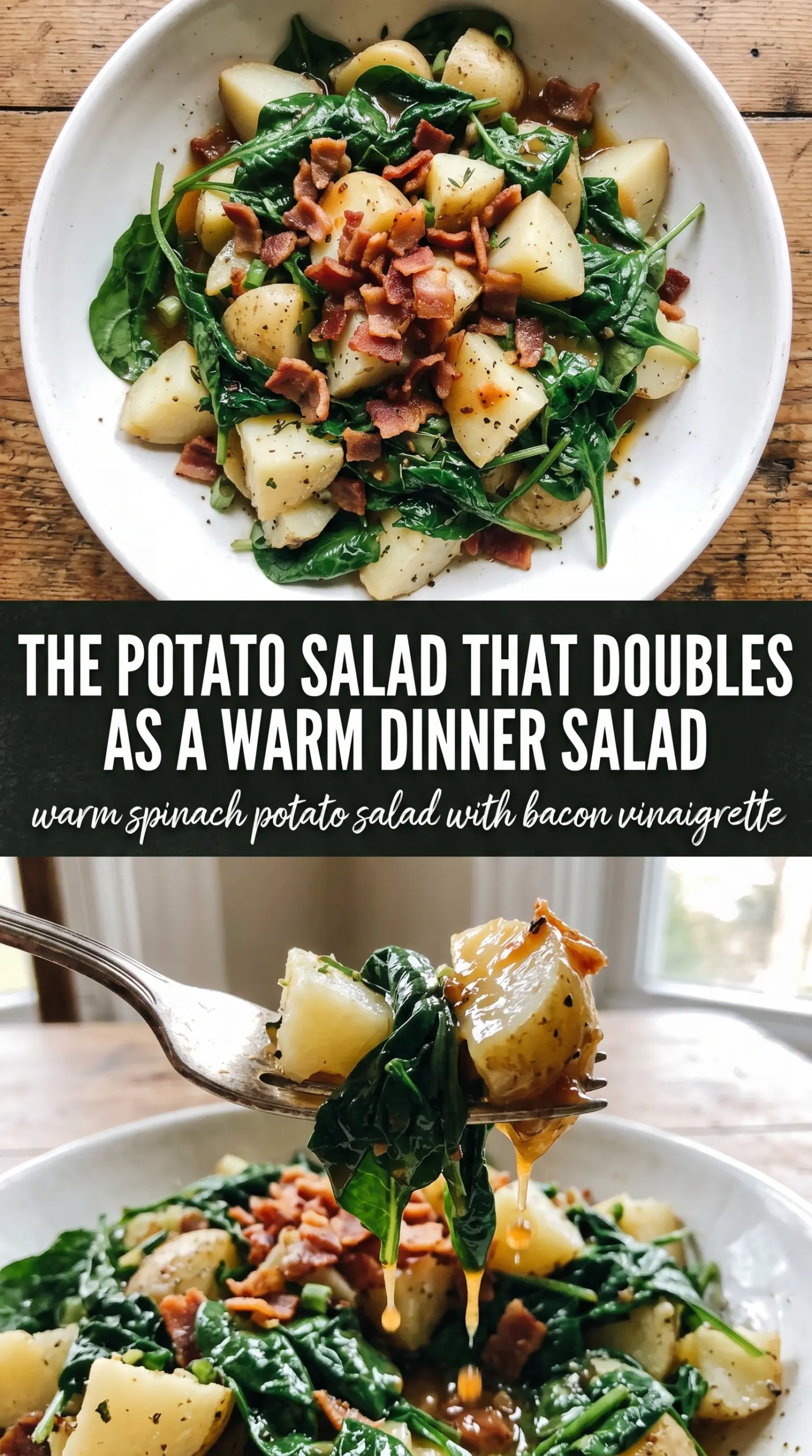 Warm Spinach Potato Salad with Bacon Vinaigrette, warm potatoes, wilted spinach, crispy bacon