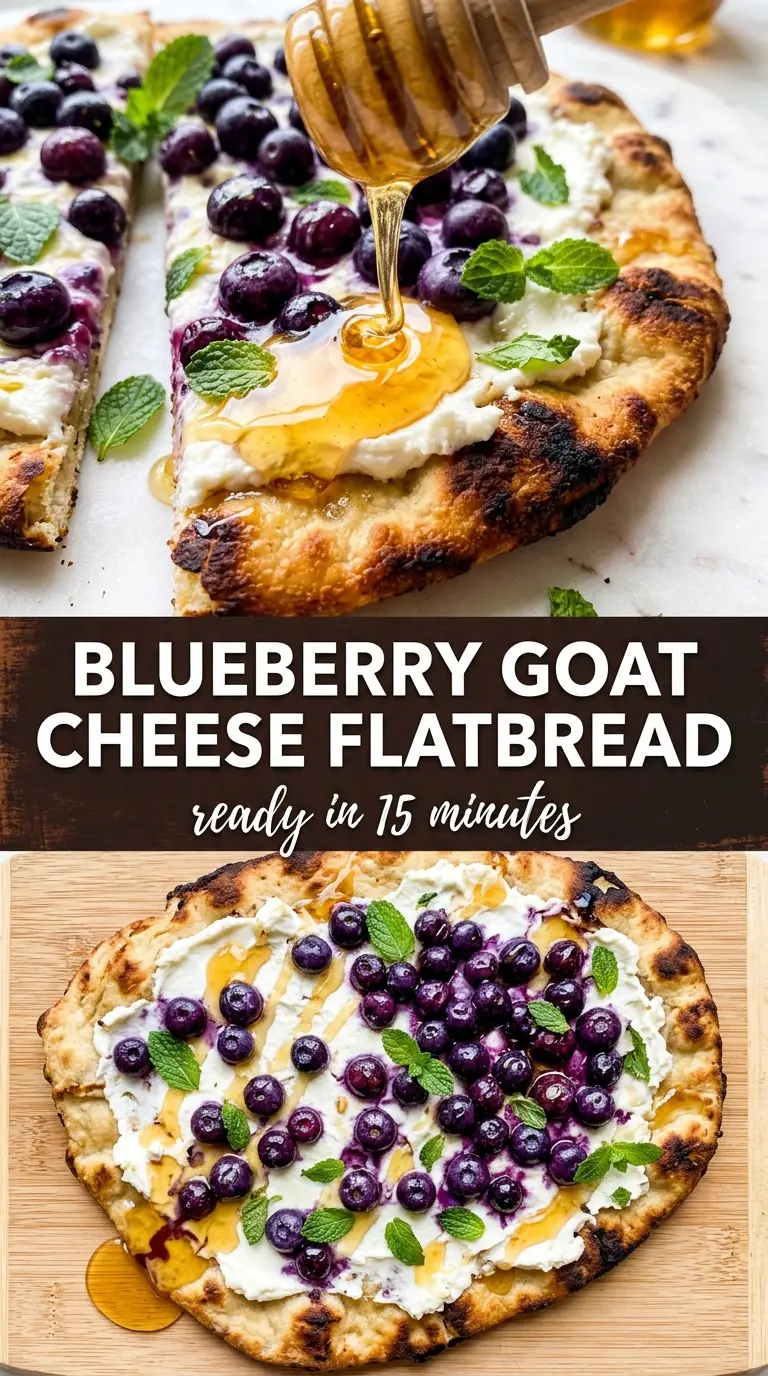 Blueberry Goat Cheese Flatbread with Mint and Honey, rustic, bright, creamy