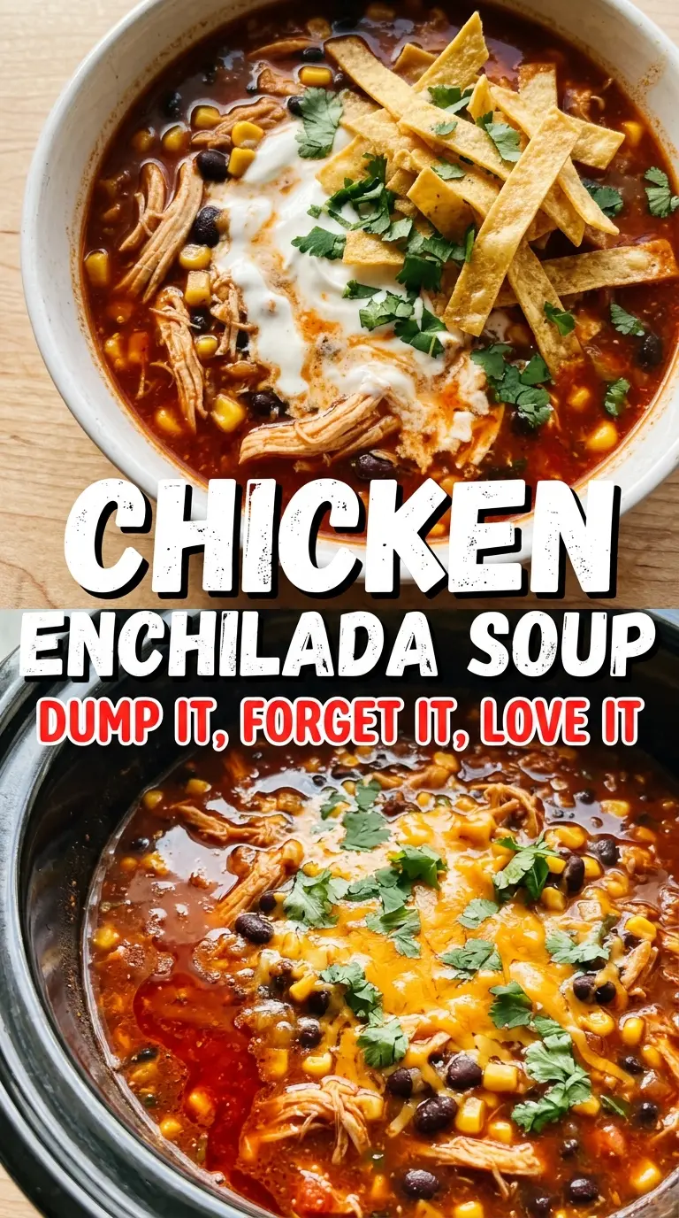 Chicken Enchilada Soup smoky red, hearty, topped