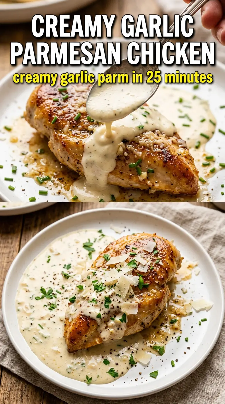 Creamy Garlic Parmesan Chicken, golden seared, velvety sauce