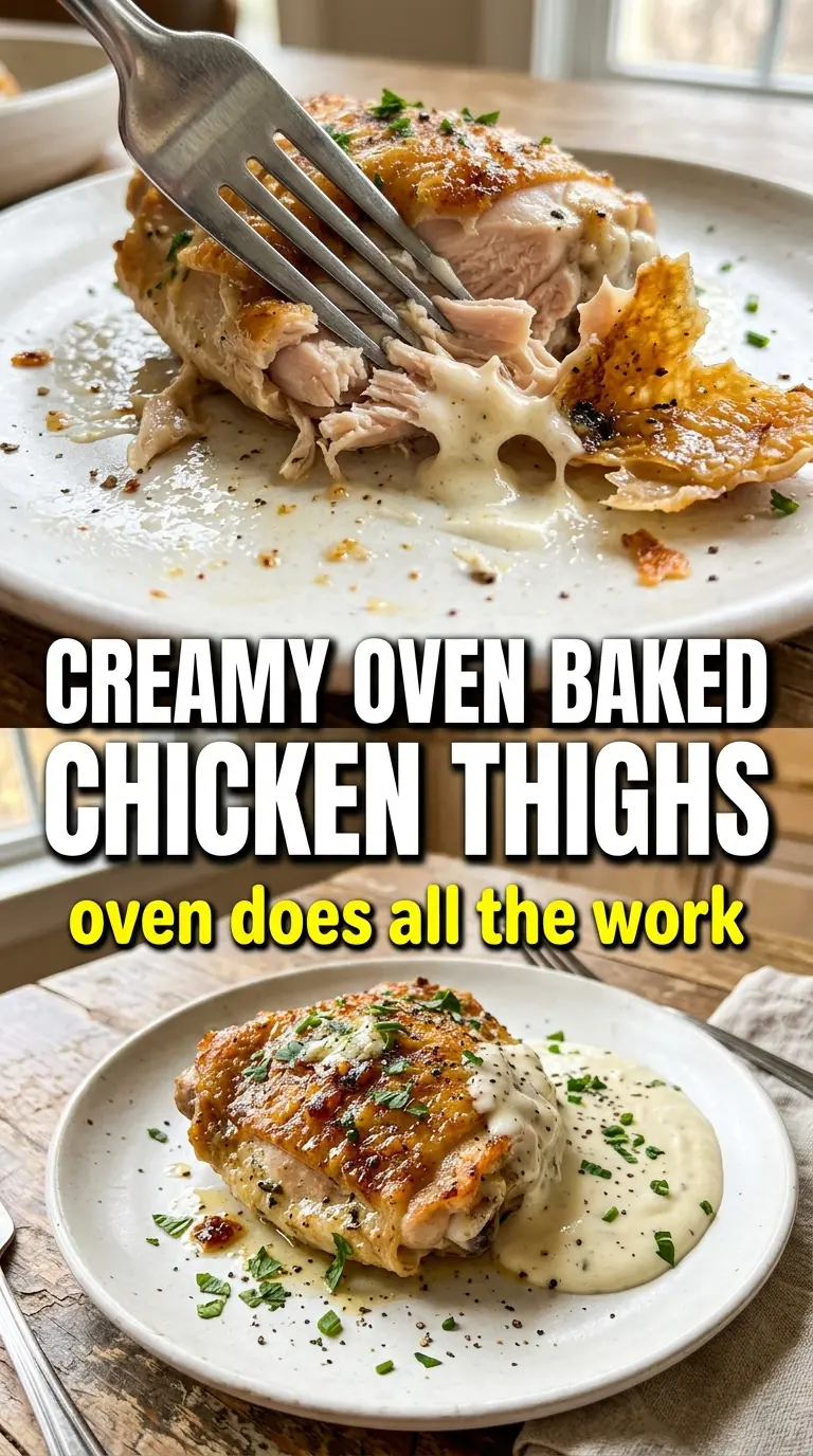 Creamy Oven Baked Chicken Thighs golden garlicky skillet