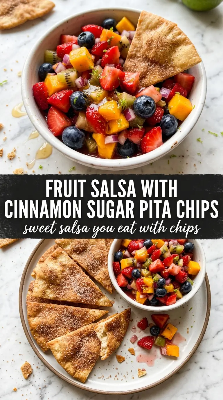 Fruit salsa with cinnamon sugar pita chips bright juicy colorful