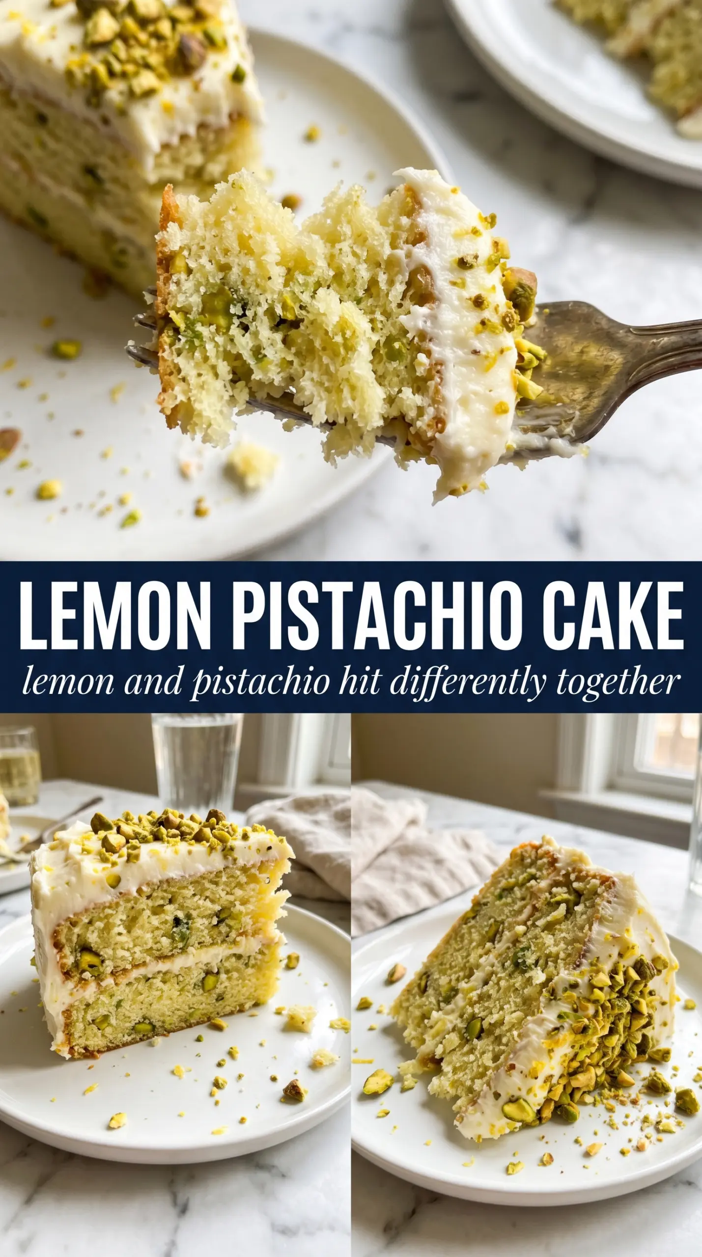 Lemon Pistachio Cake with lemon cream cheese frosting and crushed pistachios