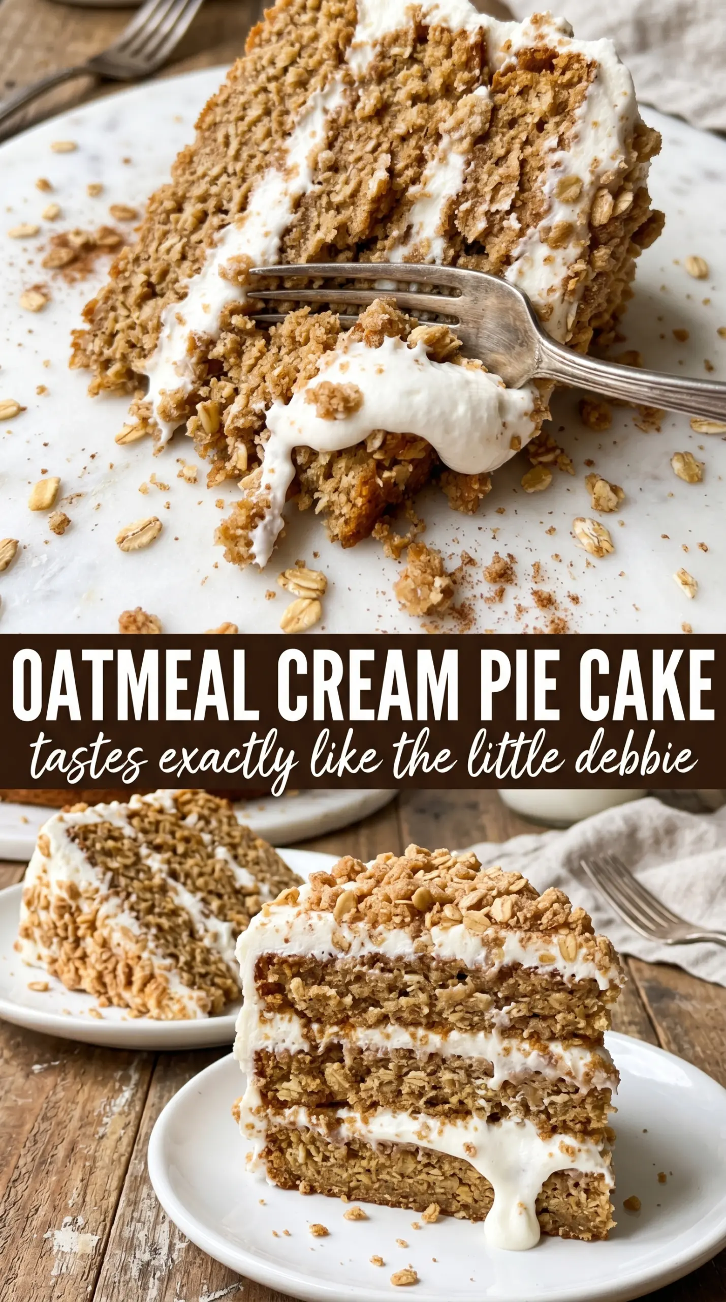 Oatmeal Cream Pie Cake layered dessert, marshmallow filling, spiced cake