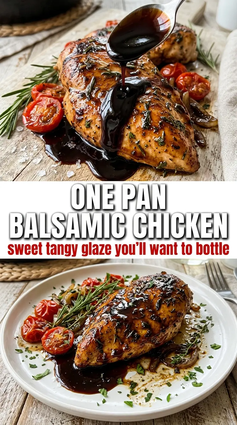 One Pan Balsamic Chicken with caramelized glaze, cherry tomatoes, basil