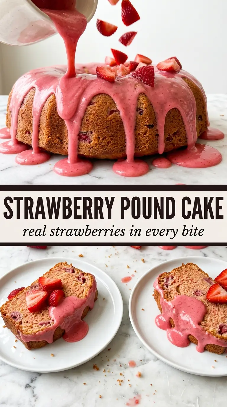 Strawberry Pound Cake golden Bundt, pink glaze, moist crumb