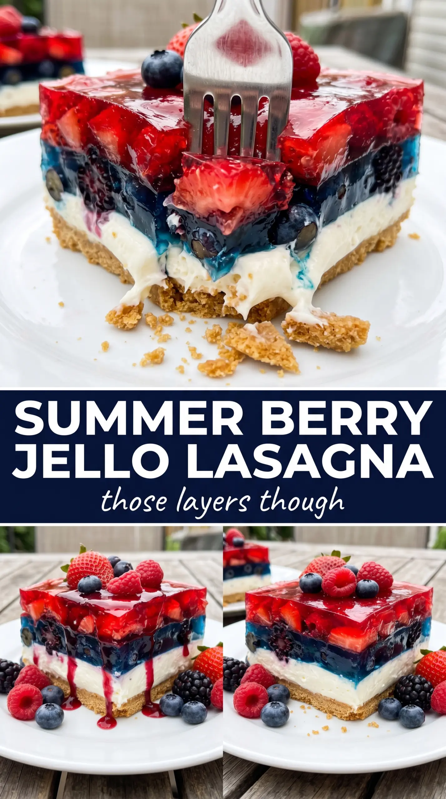 Summer Berry Jello Lasagna layered dessert, strawberry blueberry, golden crust
