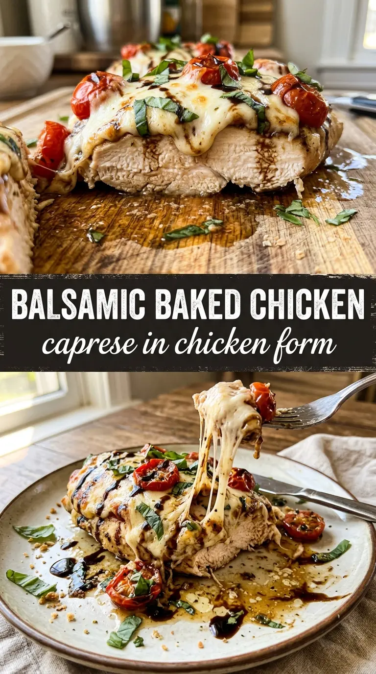 Balsamic Baked Chicken Breast with Mozzarella caprese-style, cheesy, glossy