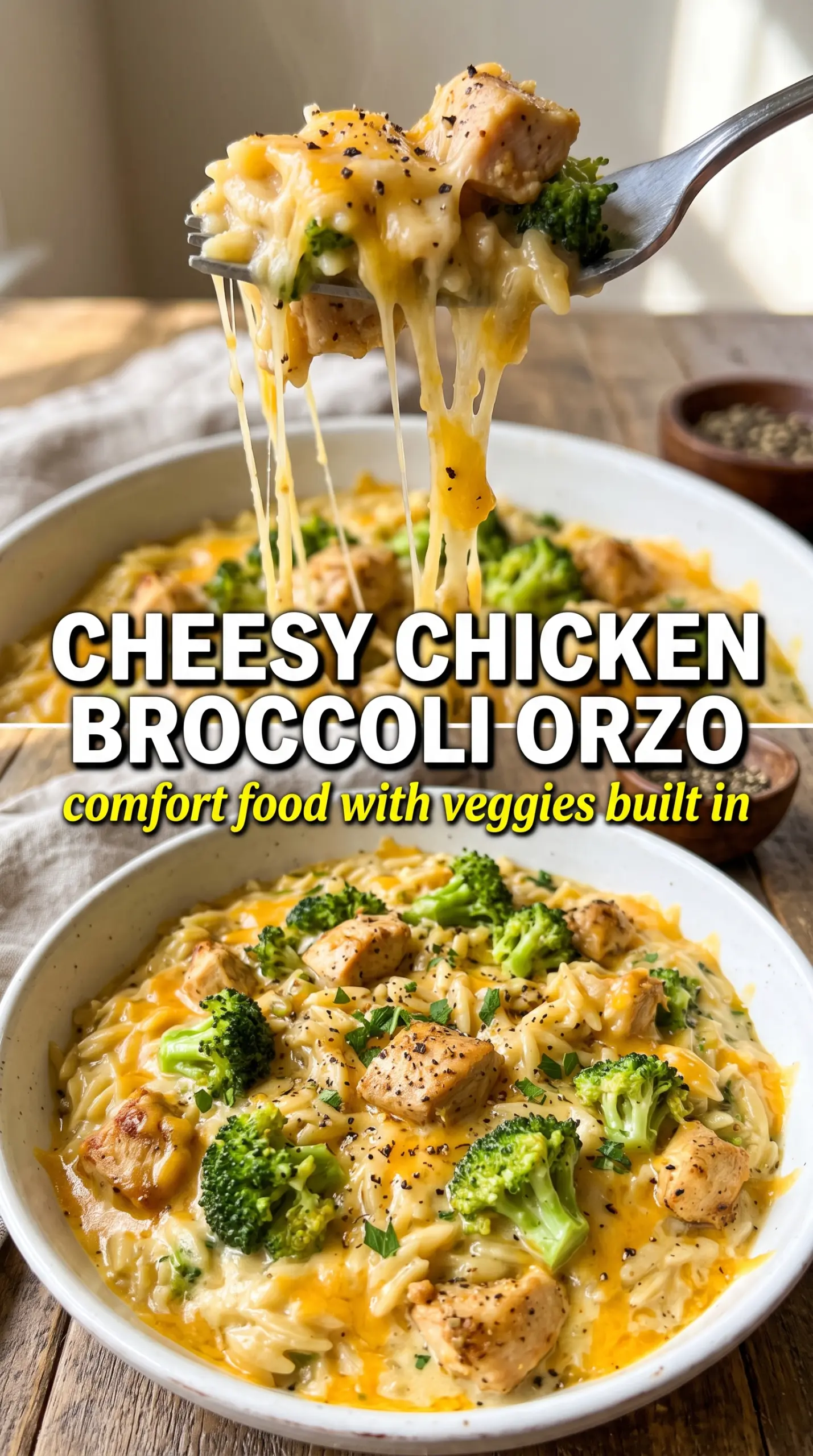 Cheesy Chicken Broccoli Orzo creamy cheddar, tender chicken, bright broccoli