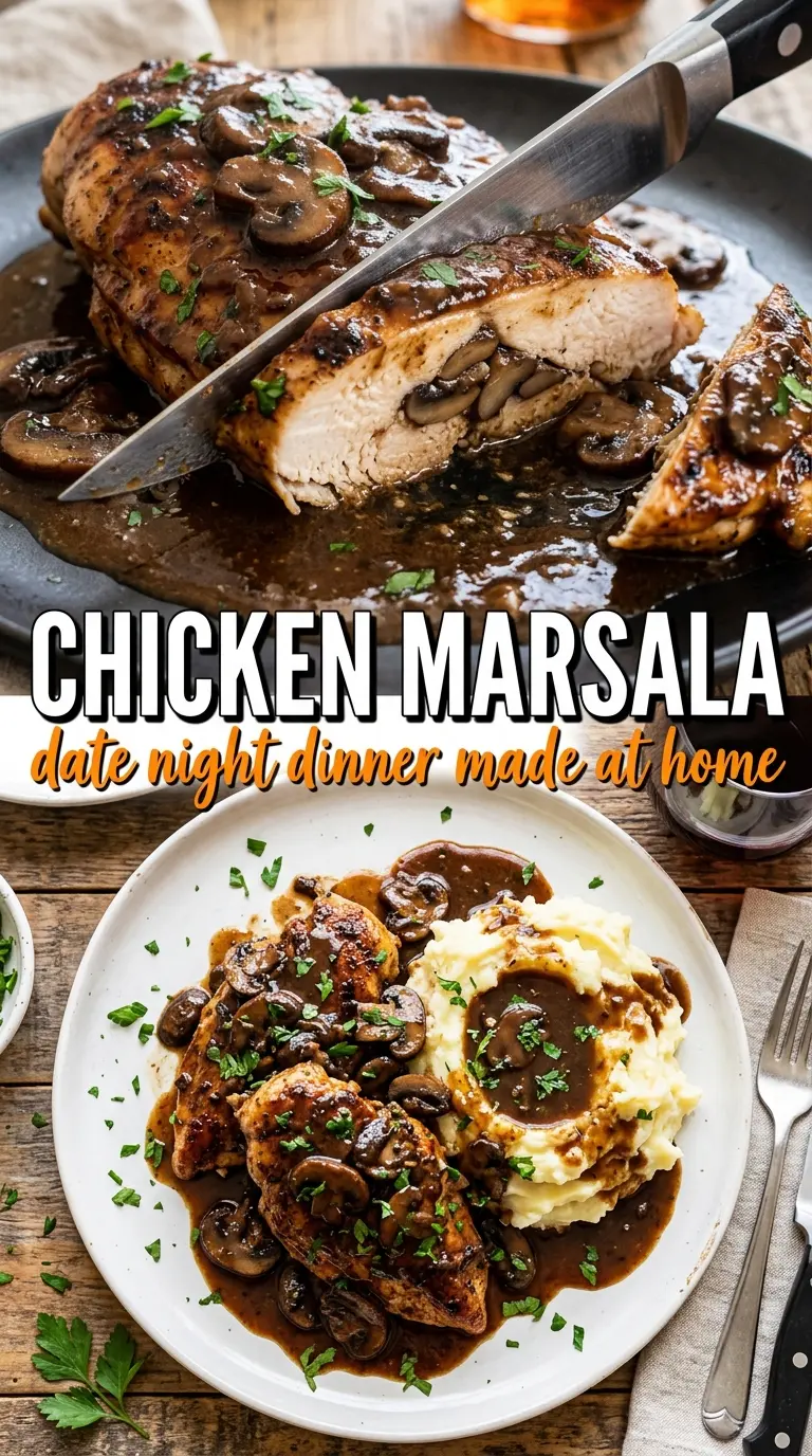 Chicken Marsala with mushrooms, glossy sauce, pan-fried cutlets