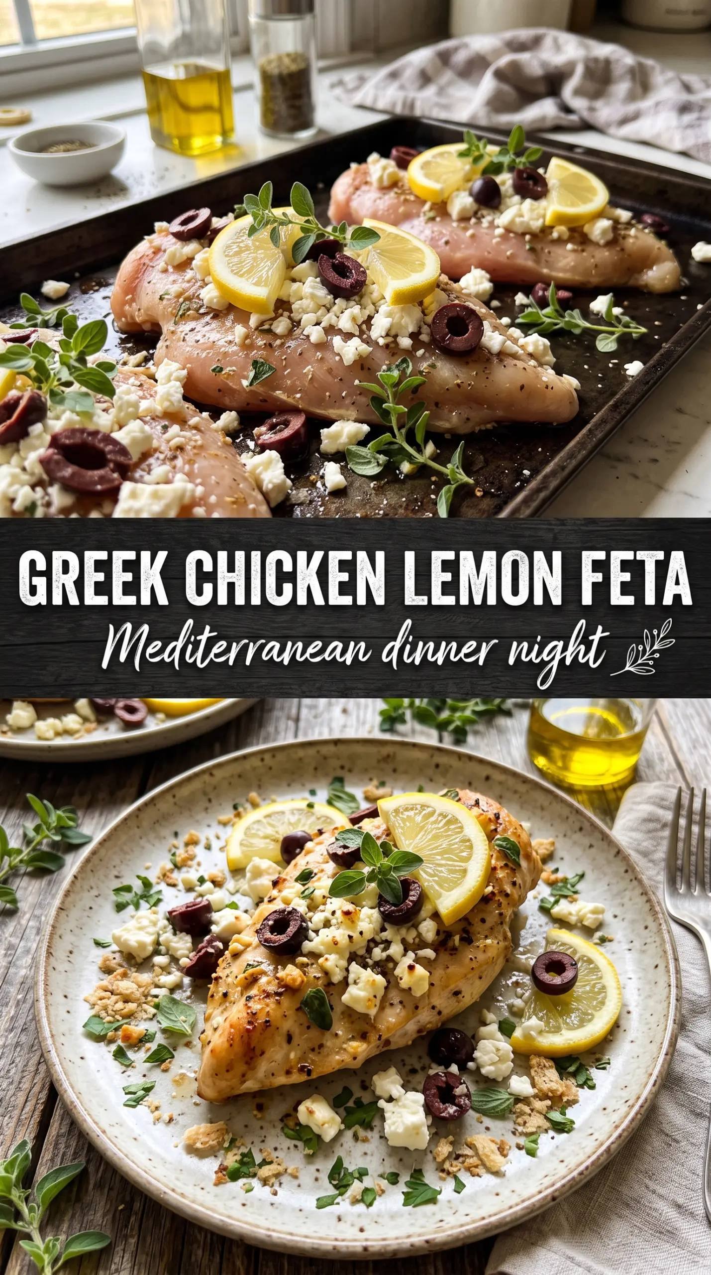 Greek Chicken with Lemon and Feta, lemony roasted, feta-topped