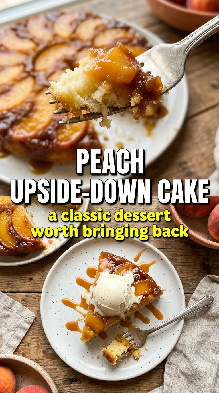 Peach upside-down cake caramelized peaches glossy brown sugar