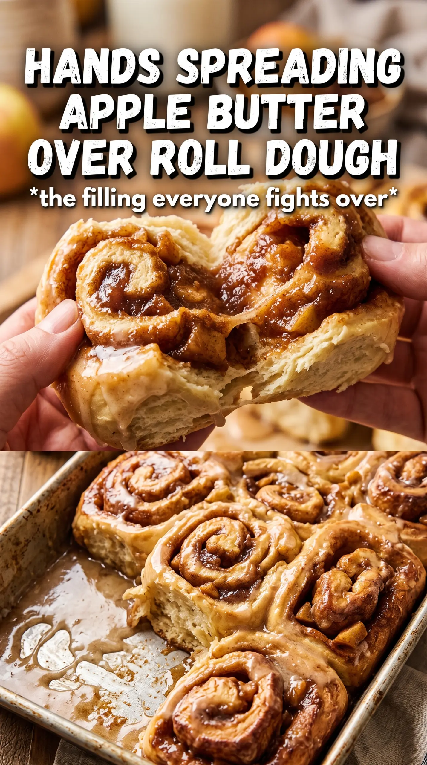 Apple Butter Cinnamon Rolls with cream cheese glaze, golden swirls