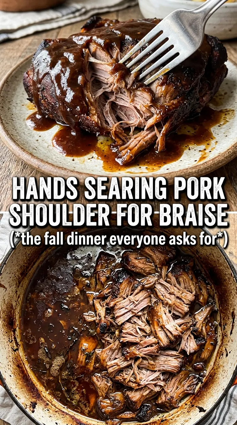 Apple cider braised pork shoulder with apple slices, tender and savory
