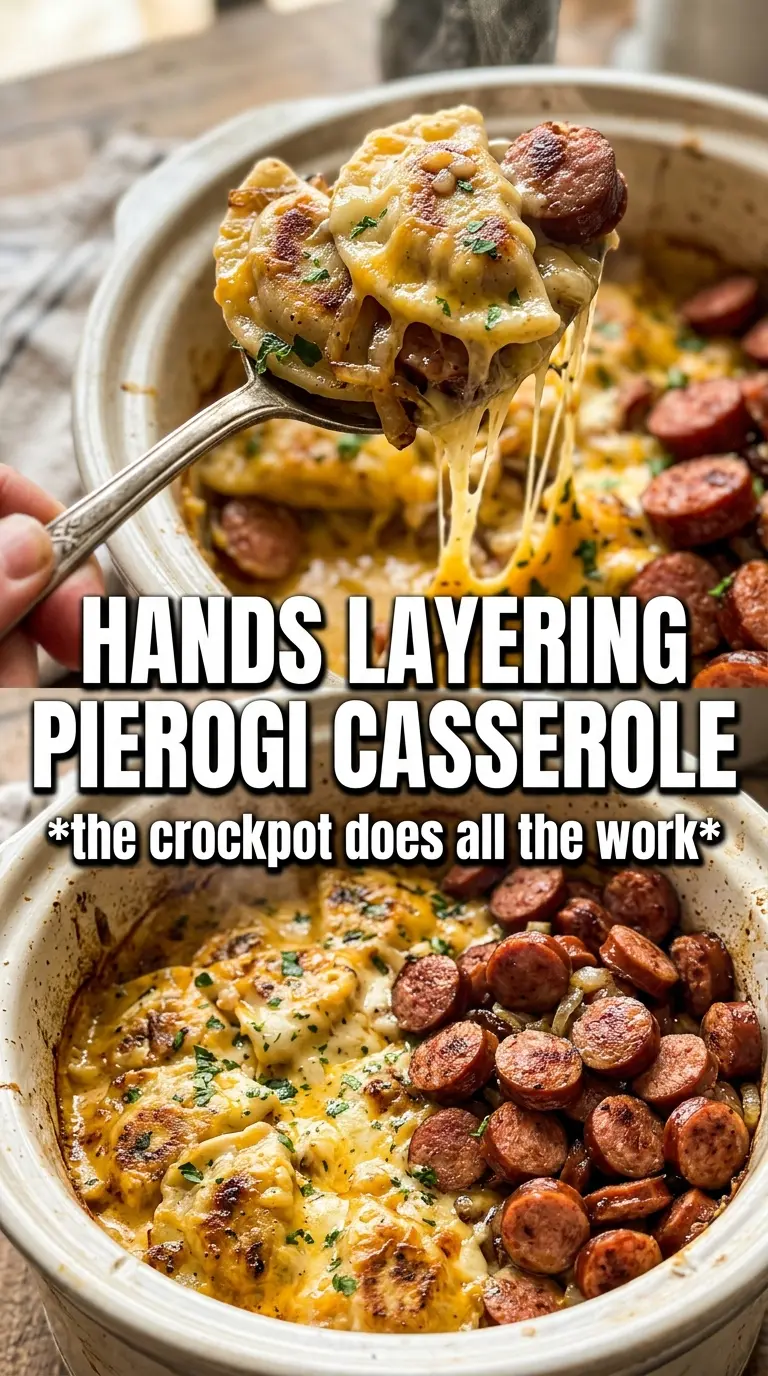 Crockpot Pierogi Casserole With Kielbasa cheesy creamy