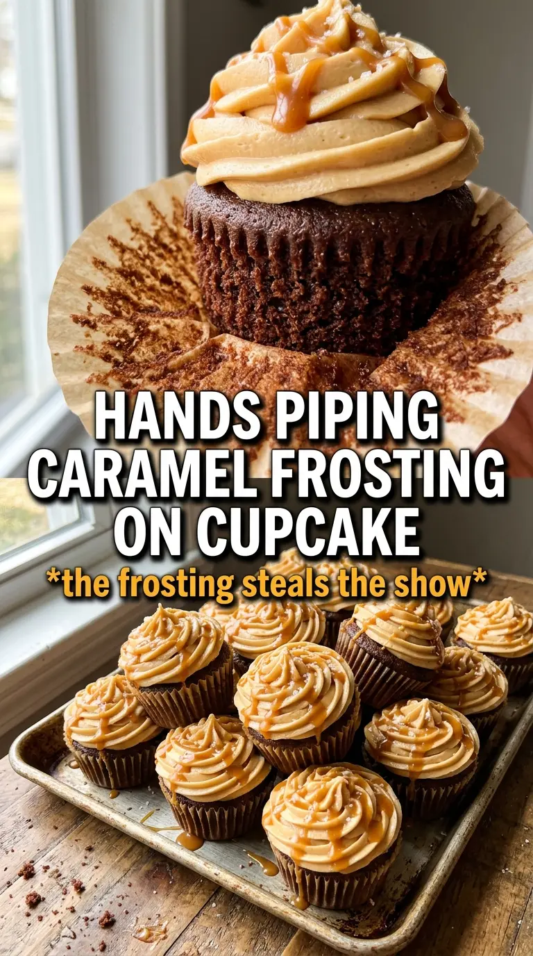 Pumpkin Cupcakes With Caramel Cream Cheese Frosting, spiced, frosted, caramel-drizzled