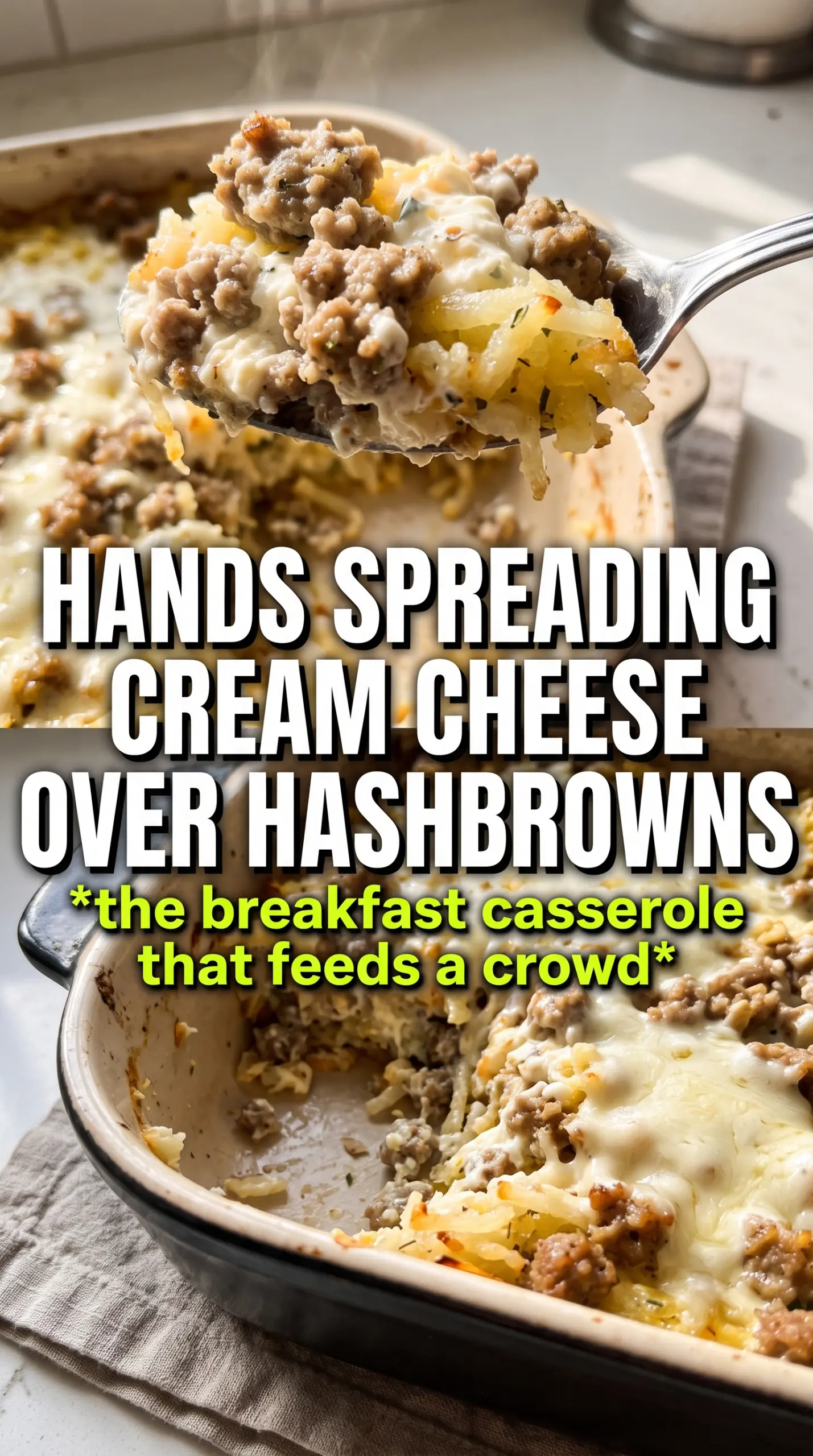 Sausage Egg and Cream Cheese Hashbrown Casserole golden cheesy baked breakfast